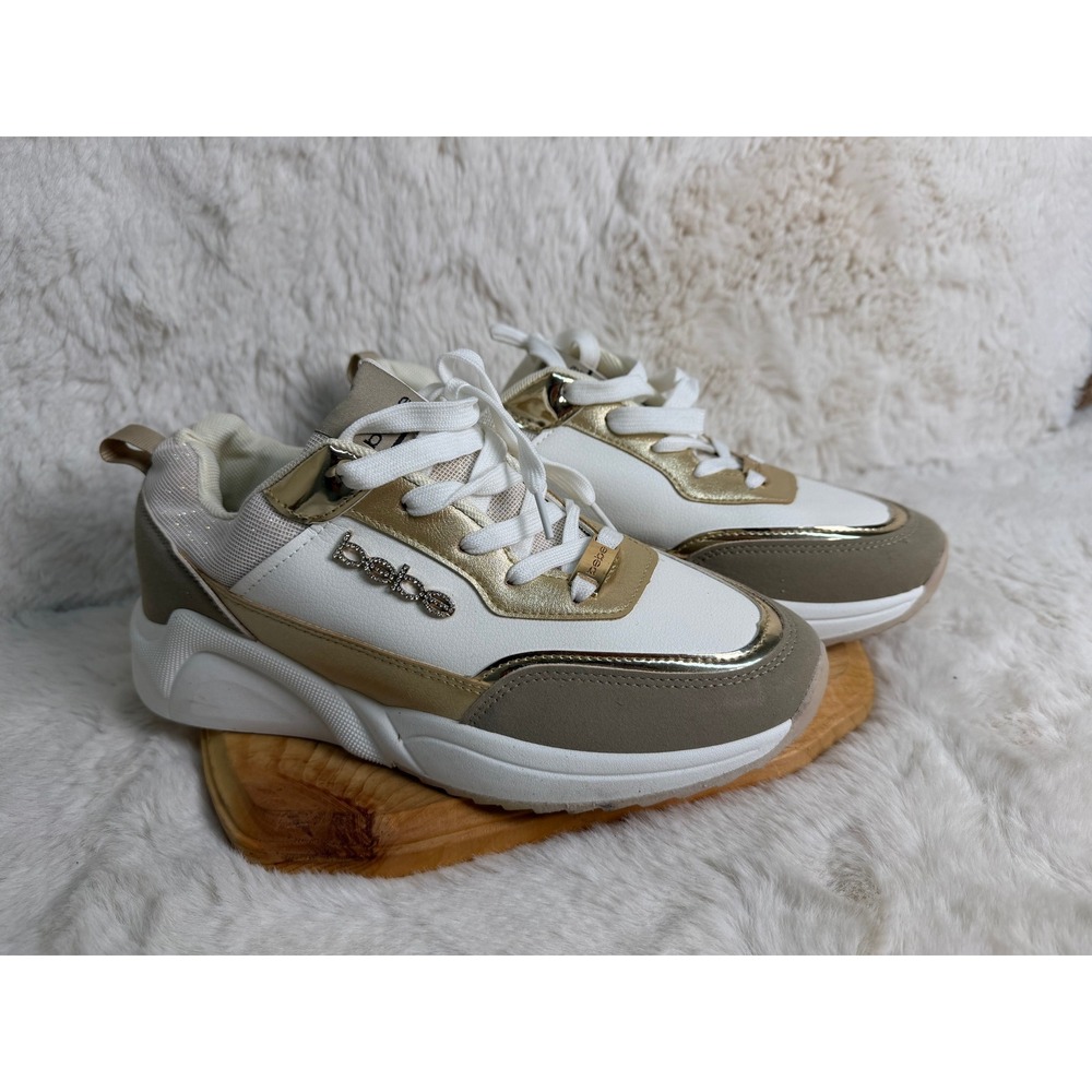 Bebe Sport Larysa Women White Gold Metallic Fashion Sneakers FT21835-01 Sz 10
